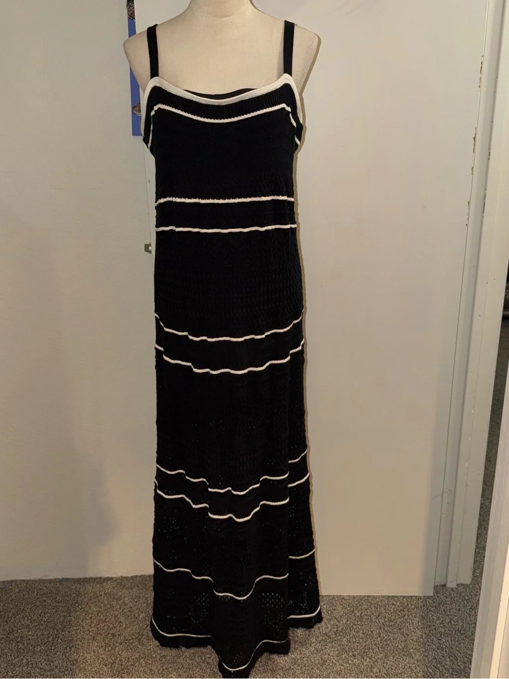 Abercrombie and Fitch Black Crochet Maxi Dress White Trim XL NWT